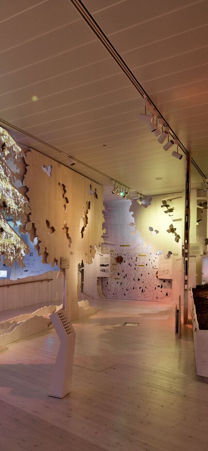 A room with a stylised forest made of wooden panels, taxidermied wild animals | © LignoAlp