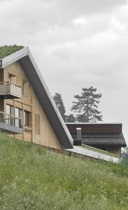 n a green meadow stands a new house with walls made of natural wood and a green roof | © Gustav Willeit