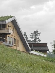 n a green meadow stands a new house with walls made of natural wood and a green roof | © Gustav Willeit