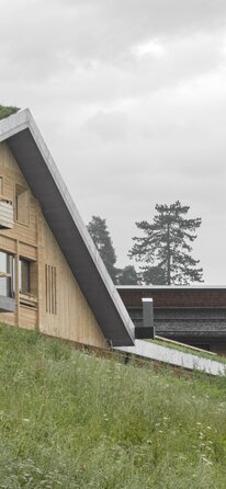 Farmhouse with holiday flats in timber construction | © Gustav Willeit n a green meadow stands a new house with walls made of natural wood and a green roof | © Gustav Willeit