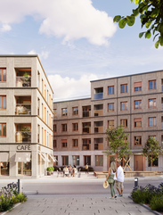 Rendering der Außenfassade zweier Gebäude mit Holzverkleidung | © Formstadt GmbH-Eckpfeiler